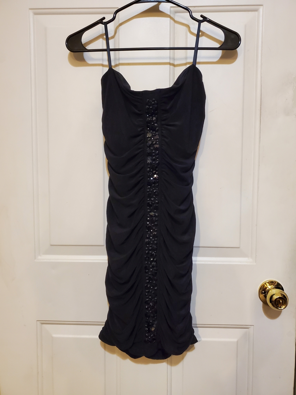 Black Ruched Spaghetti-Strap Party Dress with Center Sequin Panel